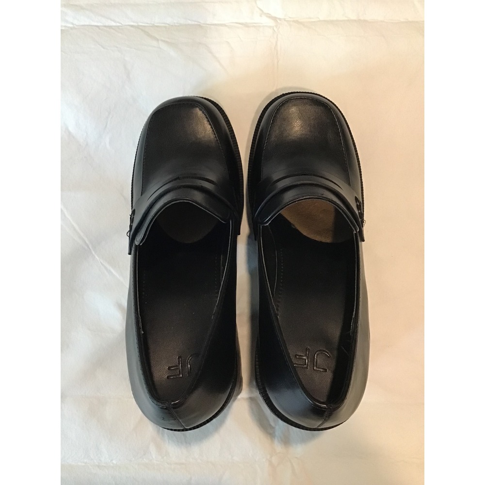 JF Black Leather Chunky Platform Y2K Lug Sole Penny Loafer Heels - Picture 2 of 6